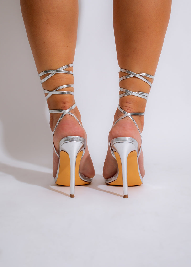 A stylish image of the Forever Chasing Metallic Heels Silver being worn, showcasing the elegant and sophisticated look
###