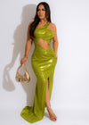  Queen Of Metallic Maxi Dress Green, back view displaying stylish cut and flattering silhouette 