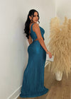 Blue maxi dress with flowing skirt and elegant design for dance