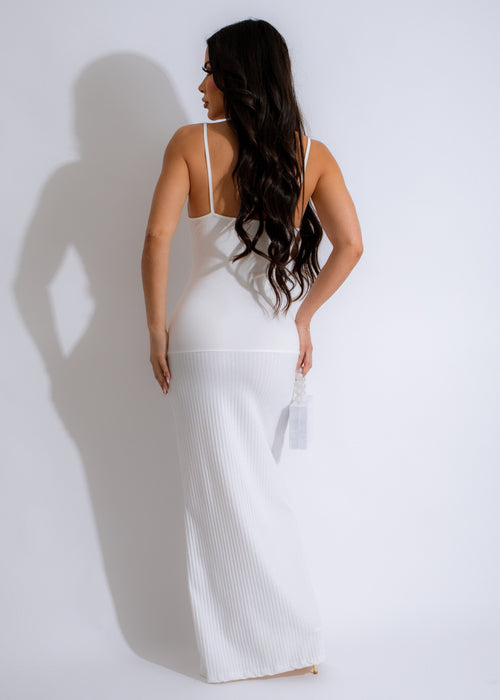 Elegant and luxurious Prestigious Tour Ribbed Maxi Dress White, back view, with striking ribbed texture and long hemline