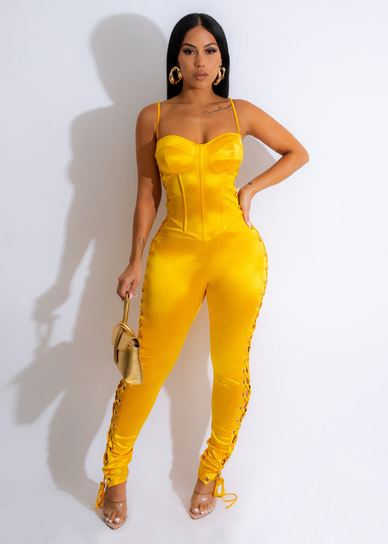 Hit The Town Satin Jumpsuit Yellow