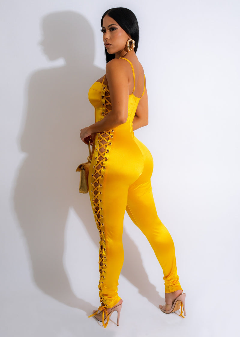Hit The Town Satin Jumpsuit Yellow