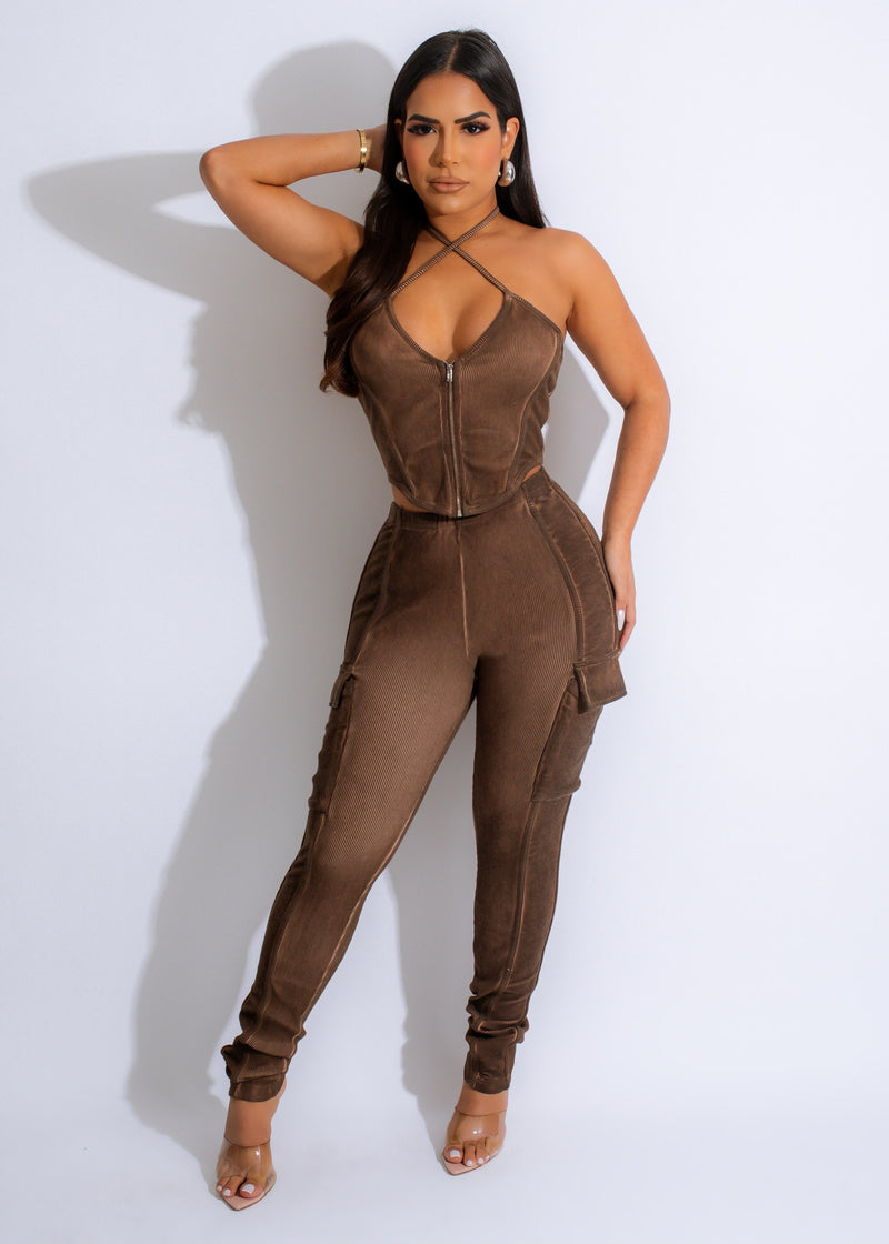 Follow Me Ribbed Pant Set Brown