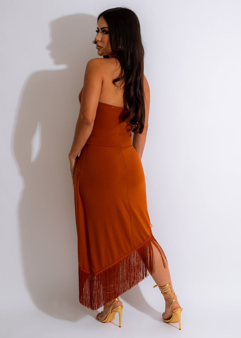 Irreplaceable Fringe Midi Dress Brown