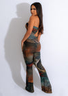  Side view of brown mesh jumpsuit with sheer fabric and floral embroidery