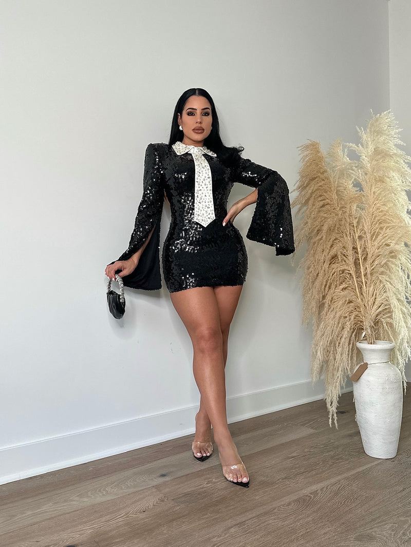 Keep It Classy Sequin Pearls Mini Dress Black