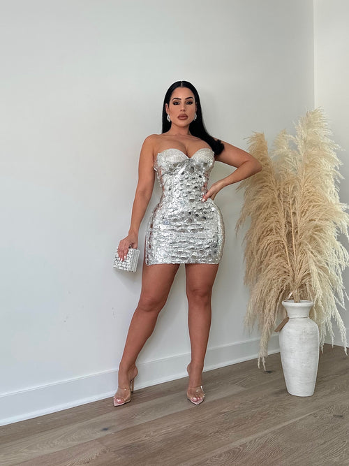 Night In The Sequin Diamonds Mini Dress Silver