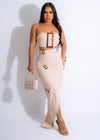 Two-piece Say No More Skirt Set Nude, featuring a fitted crop top and high-waisted skirt in a neutral tone for a chic and elegant look