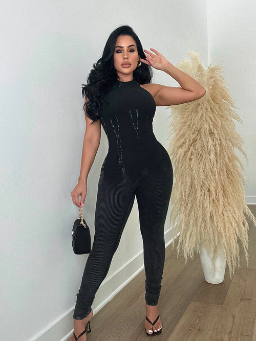 Stronger Ribbed Tie Dye Jumpsuit Black