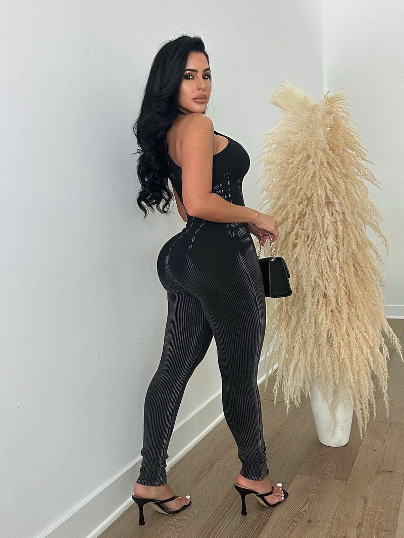 Stronger Ribbed Tie Dye Jumpsuit Black