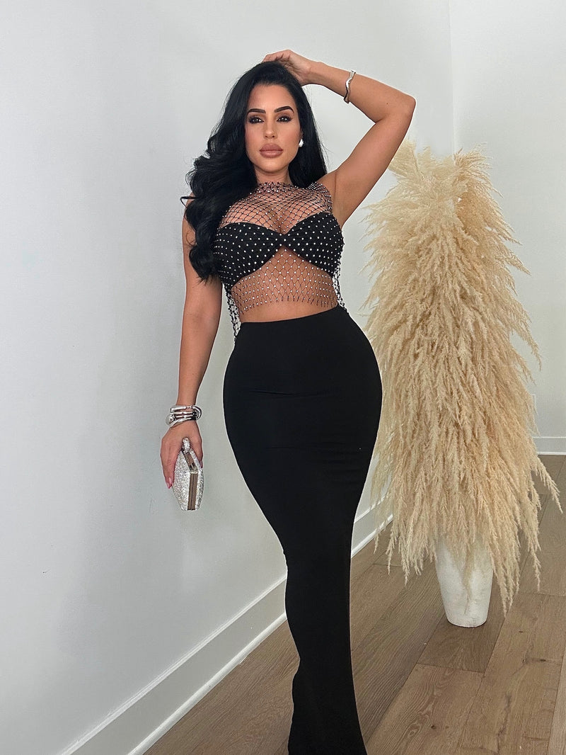She's The Moment Rhinestone Crop Top Black