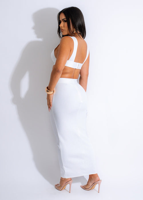  Two-piece bandage skirt set in white, featuring a figure-hugging skirt and coordinating crop top, designed by All Your Love