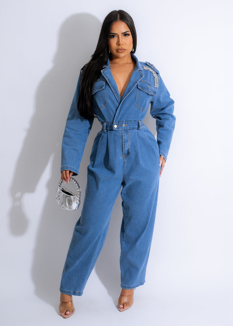 When You Believe Rhinestones Denim Jumpsuit