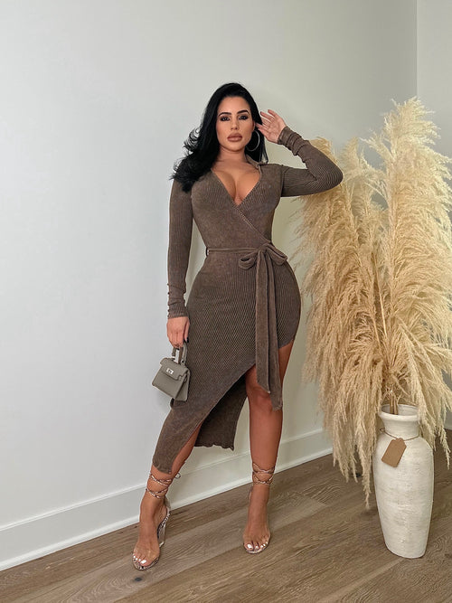 In Control Ribbed Midi Dress Brown