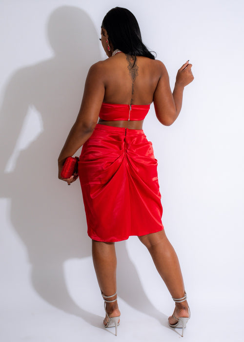 Red satin skirt set with sparkling rhinestones, perfect for a glamorous night out