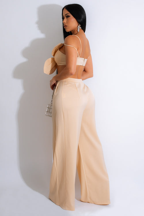 Two-piece nude pant set adorned with rhinestones, perfect for stylish casual wear