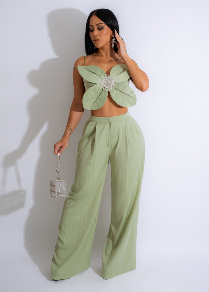 On The Cute List Rhinestone Pant Set Green