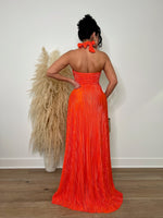 Stunning and vibrant orange maxi dress with shimmering silk material