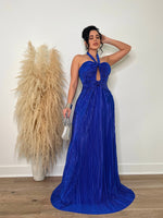 Beautiful floor-length blue maxi dress crafted from luxurious shimmering silk