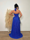 Stunning long blue dress made from silky fabric with a shimmery finish and elegant drape