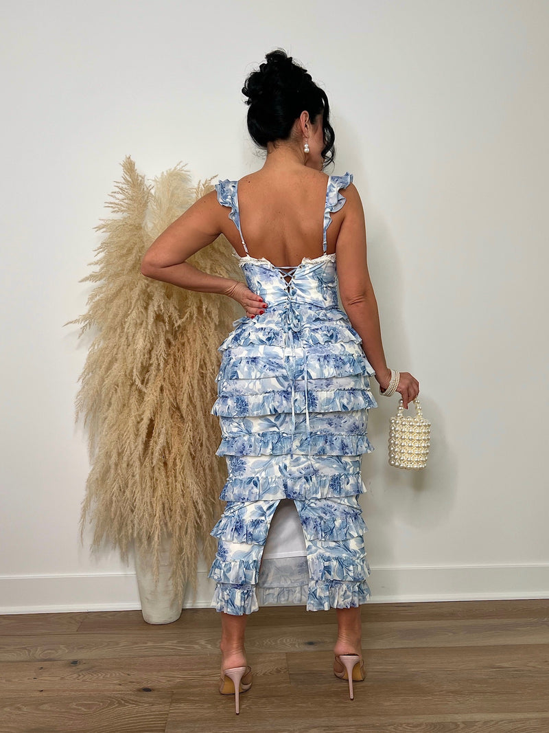 Blossom Mesh Ruffle Midi Dress Blue - Stylish back view of the dress showcasing the mesh and ruffle details