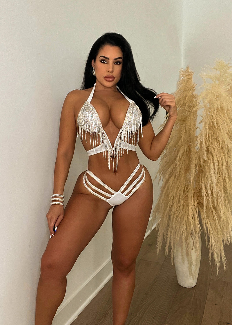 Perfect In My Travel Rhinestones Bikini White