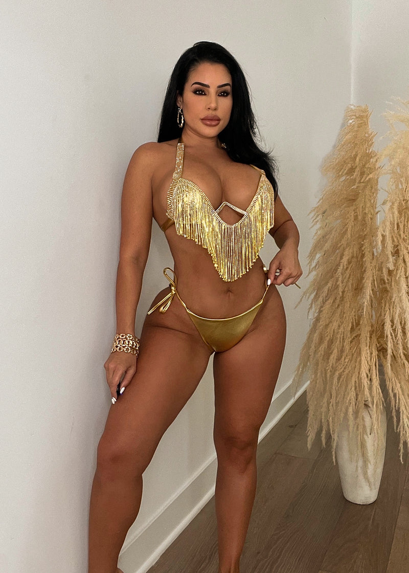 Dancing By The Sea Rhinestones Bikini Gold