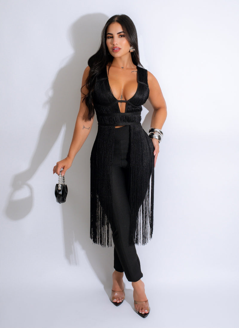 Exclusive Bandage Fringe Pant Set Black