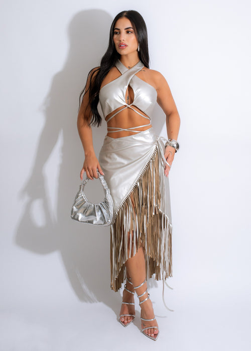 Stylish and edgy Impact Fringe Faux Leather Skirt Set