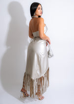 Glamorous and trendy silver faux leather skirt set with fringes