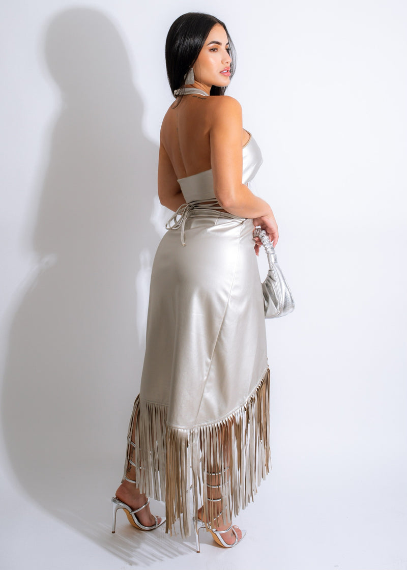 Of Impact Fringe Faux Leather Skirt Set Silver