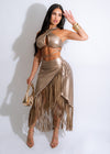 Gold faux leather skirt set with fringe detailing for impactful style