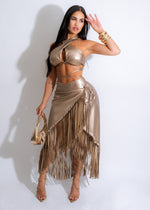 Of Impact Fringe Faux Leather Skirt Set Gold