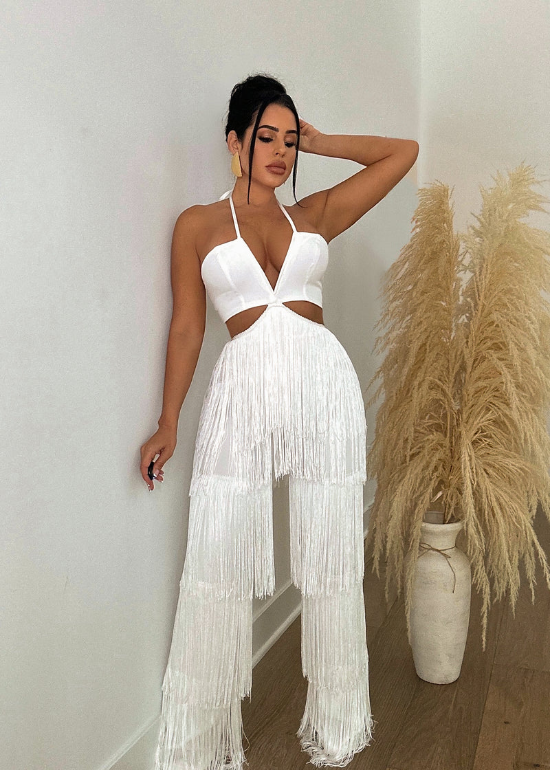 She's Untamable Fringe Jumpsuit White