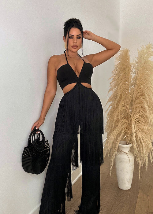 She's Untamable Fringe Jumpsuit Black