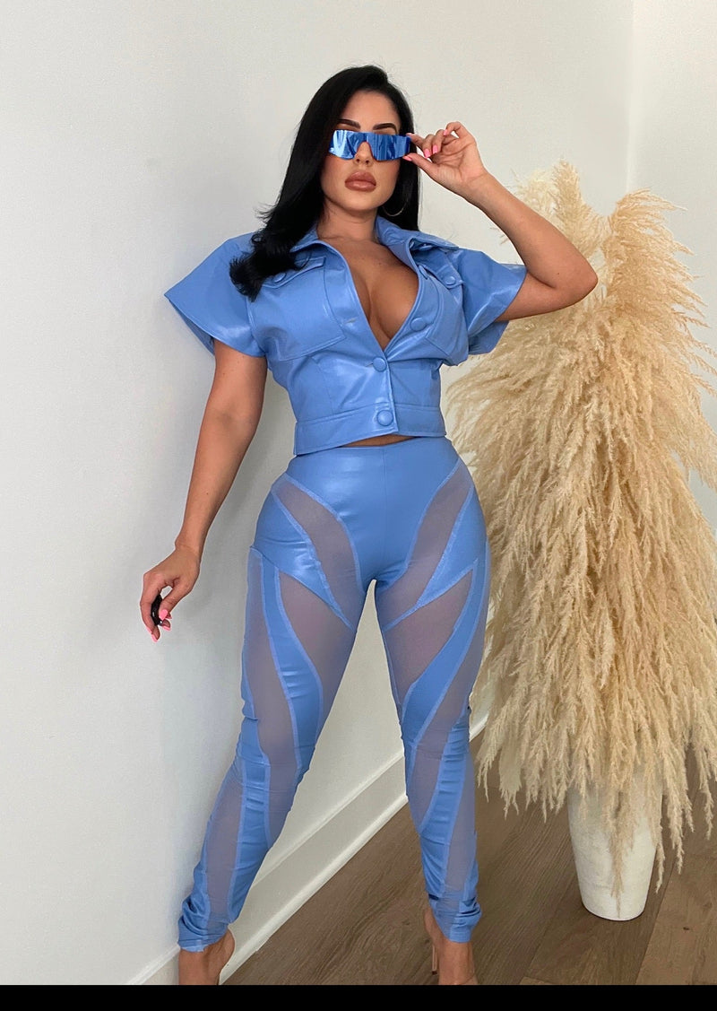 Country Queen Faux Leather Pant Set Blue