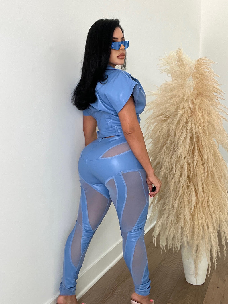 Country Queen Faux Leather Pant Set Blue