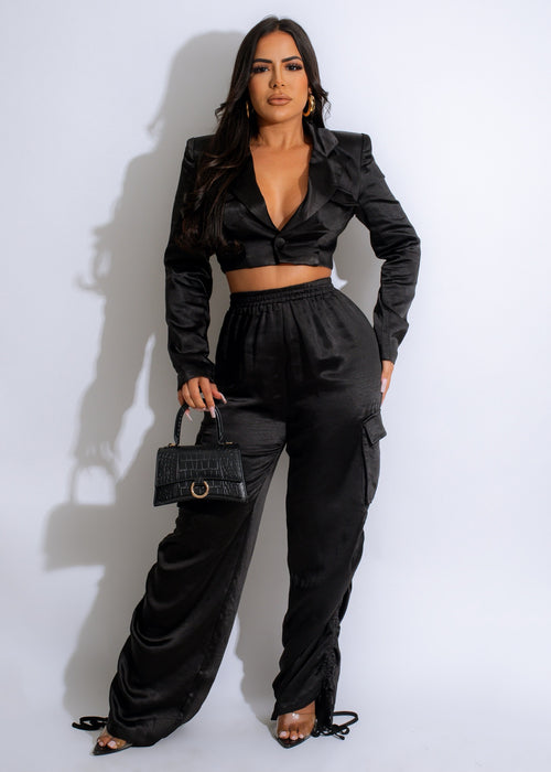 Black silk cargo pant set with matching top from Obsession