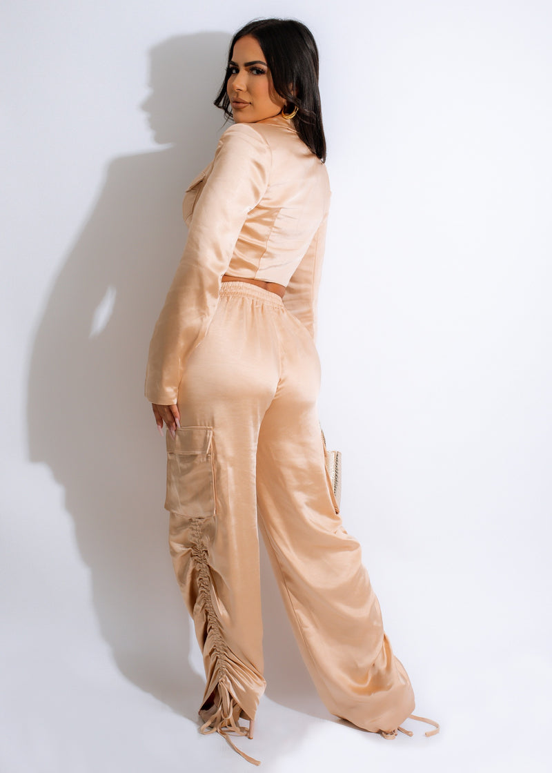 Silk cargo pant set in nude color, perfect for a comfortable and stylish look