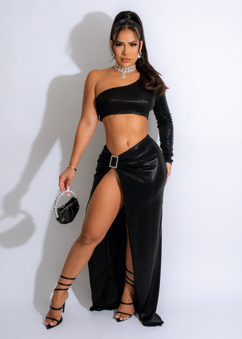 Persephone Metallic Skirt Set Black, a stylish and elegant two-piece outfit with metallic accents and a flattering fit for a night out or special occasion