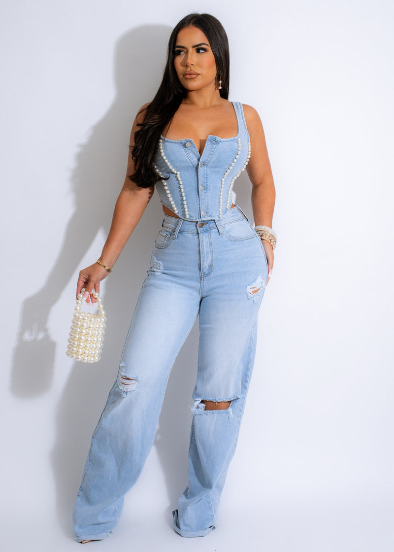 Lady Marmalade Pearls Denim Crop Top