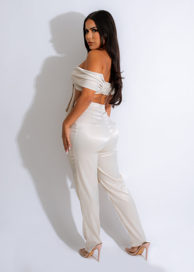Rule The World Silk Pant Set Nude - luxurious nude silk pants and matching top with delicate lace details