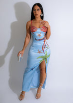 On My Reef Satin Rhinestones Maxi Dress Blue
