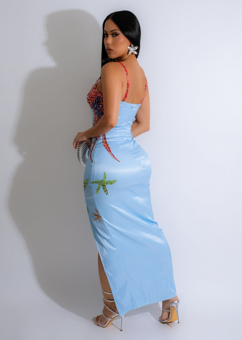On My Reef Satin Rhinestones Maxi Dress Blue