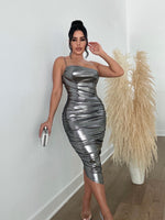 A Woman's Worth Metallic Ruched Midi Dress Silver