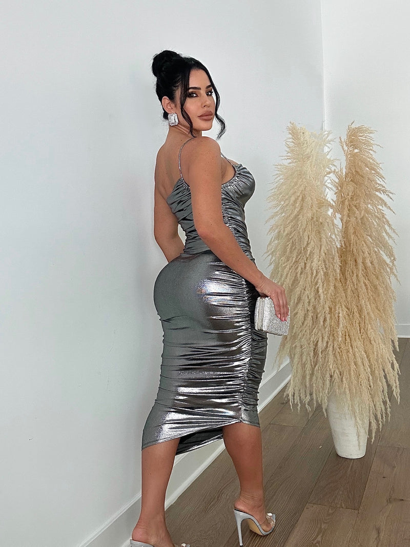 A Woman's Worth Metallic Ruched Midi Dress Silver