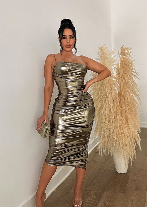 A Woman's Worth Metallic Ruched Midi Dress Gold