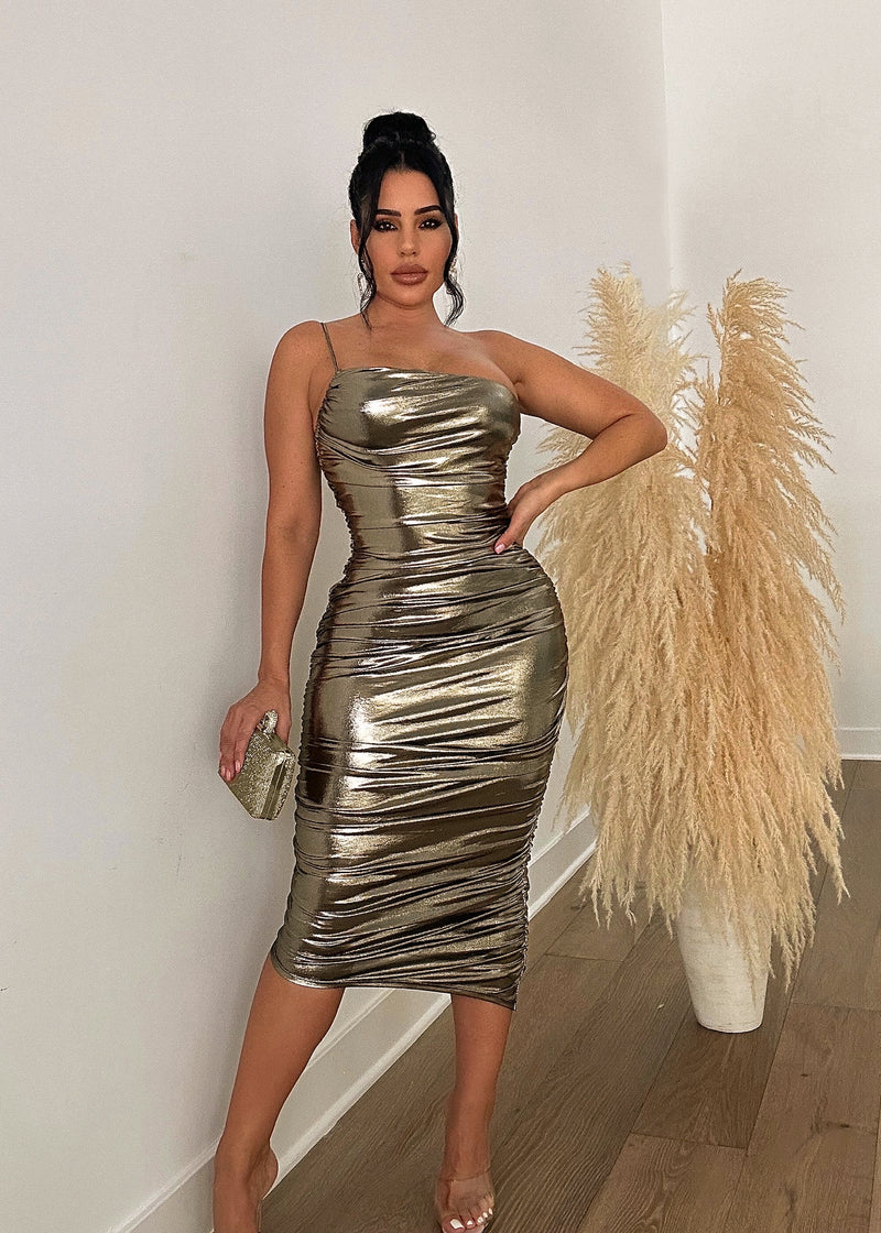 A Woman's Worth Metallic Ruched Midi Dress Gold