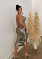 A Woman's Worth Metallic Ruched Midi Dress Gold