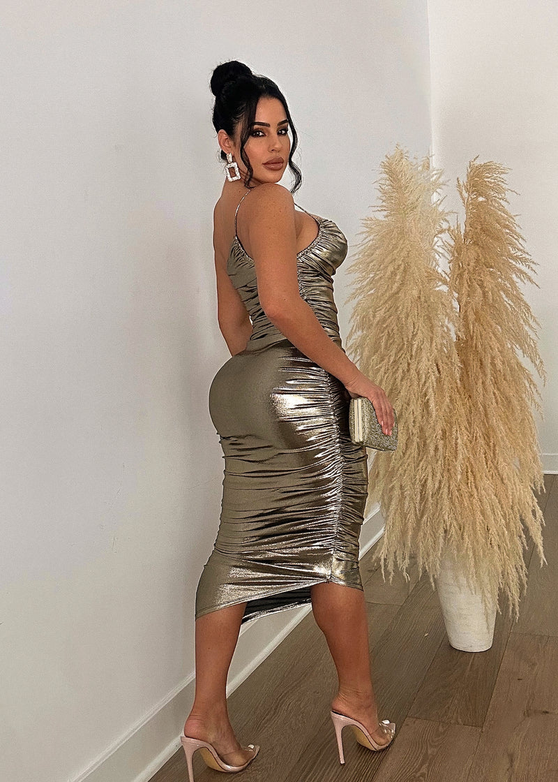 A Woman's Worth Metallic Ruched Midi Dress Gold